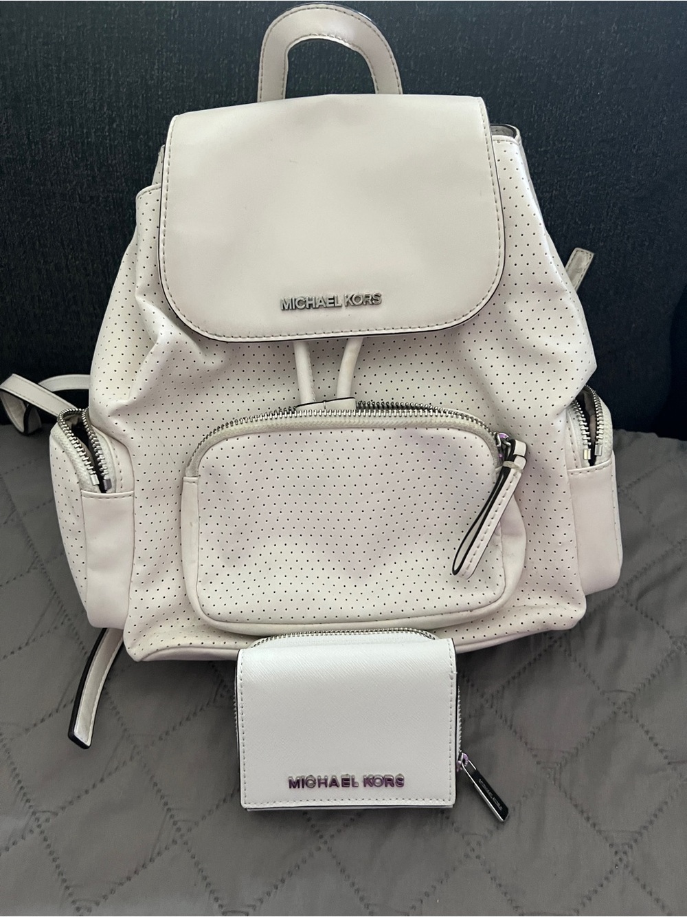 MICHAEL KORS white Perforated Leather Backpack with Wallet